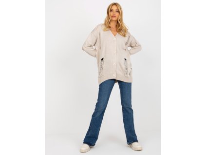 Beige oversized cardigan with holes RUE PARIS (Barva beige, Velikost ONE SIZE)