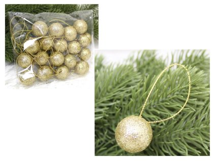 Vánoční ozdoba - 2,5 cm ZLATÝ GLITTER - sada 18 ks