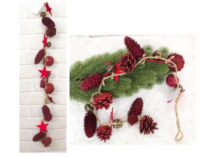 Vánoční girlanda (šišky, rolničky, hvězdičky) - 80 cm