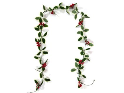 Vánoční girlanda RED BALLS zelené listy s bílým okrajem 250 cm