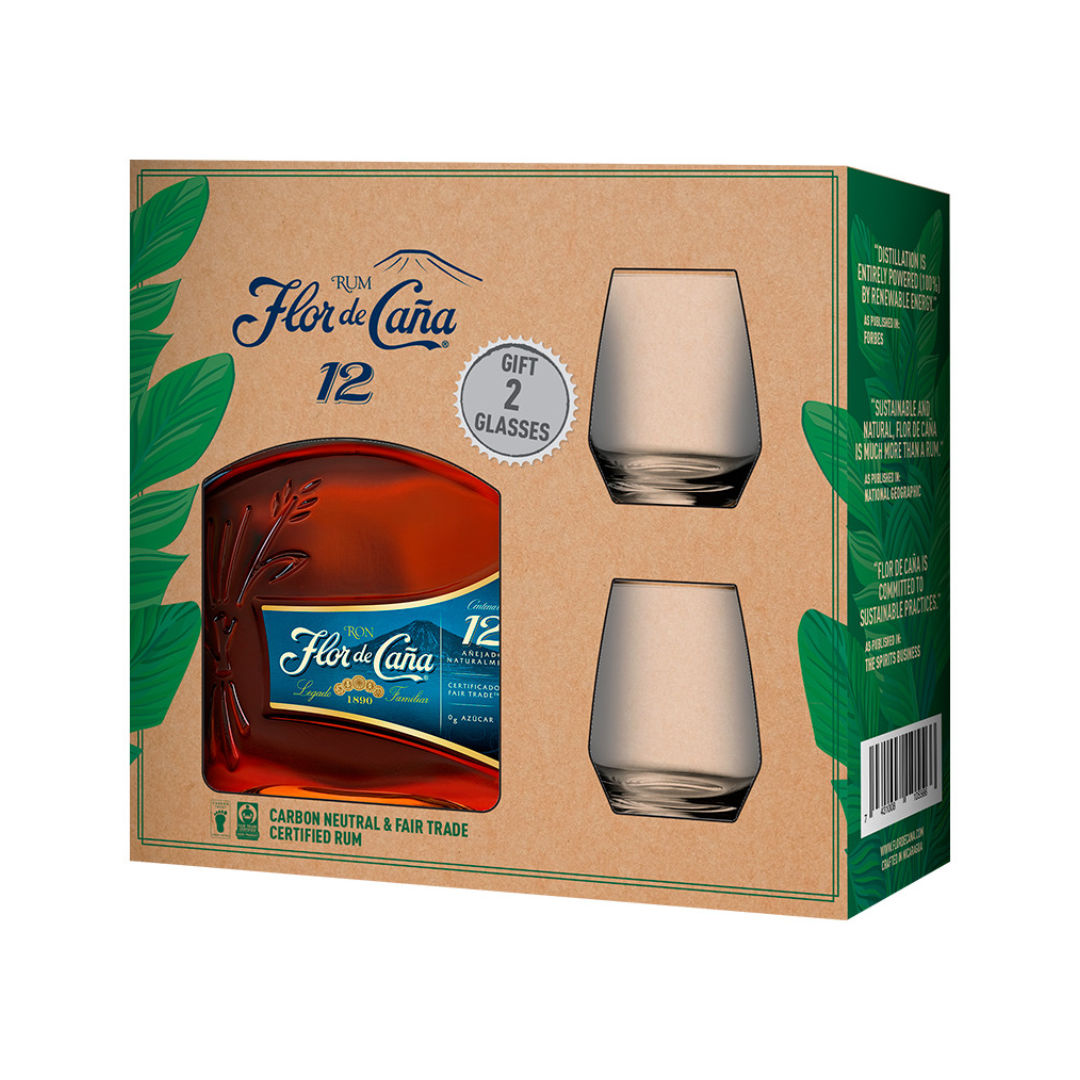 Flor de Caña 12 Year Old Rum 40% v dárkovém balení se 2 sklenkami