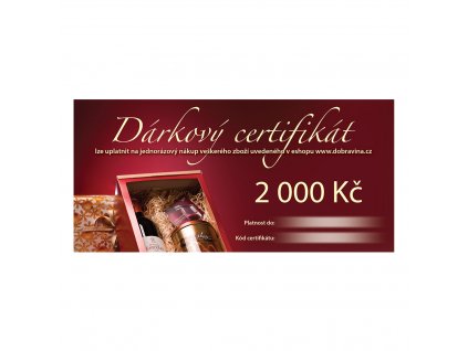 Grafická podoba dárkového poukazu v hodnotě 2000 Kč. V pozadí fotky dárková krabička s vínem a čokoládou.