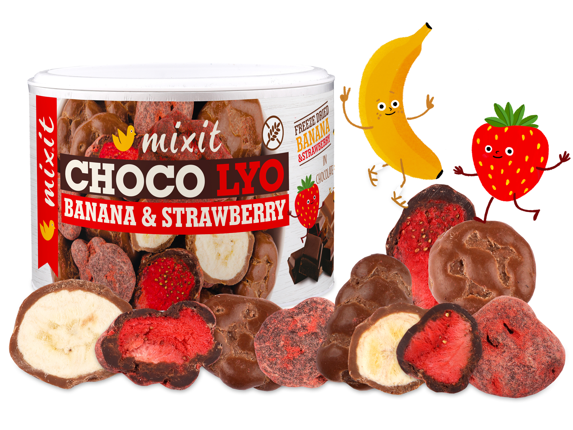 Mixit Chrumkavé banániky a jahody v čokoláde- 150g