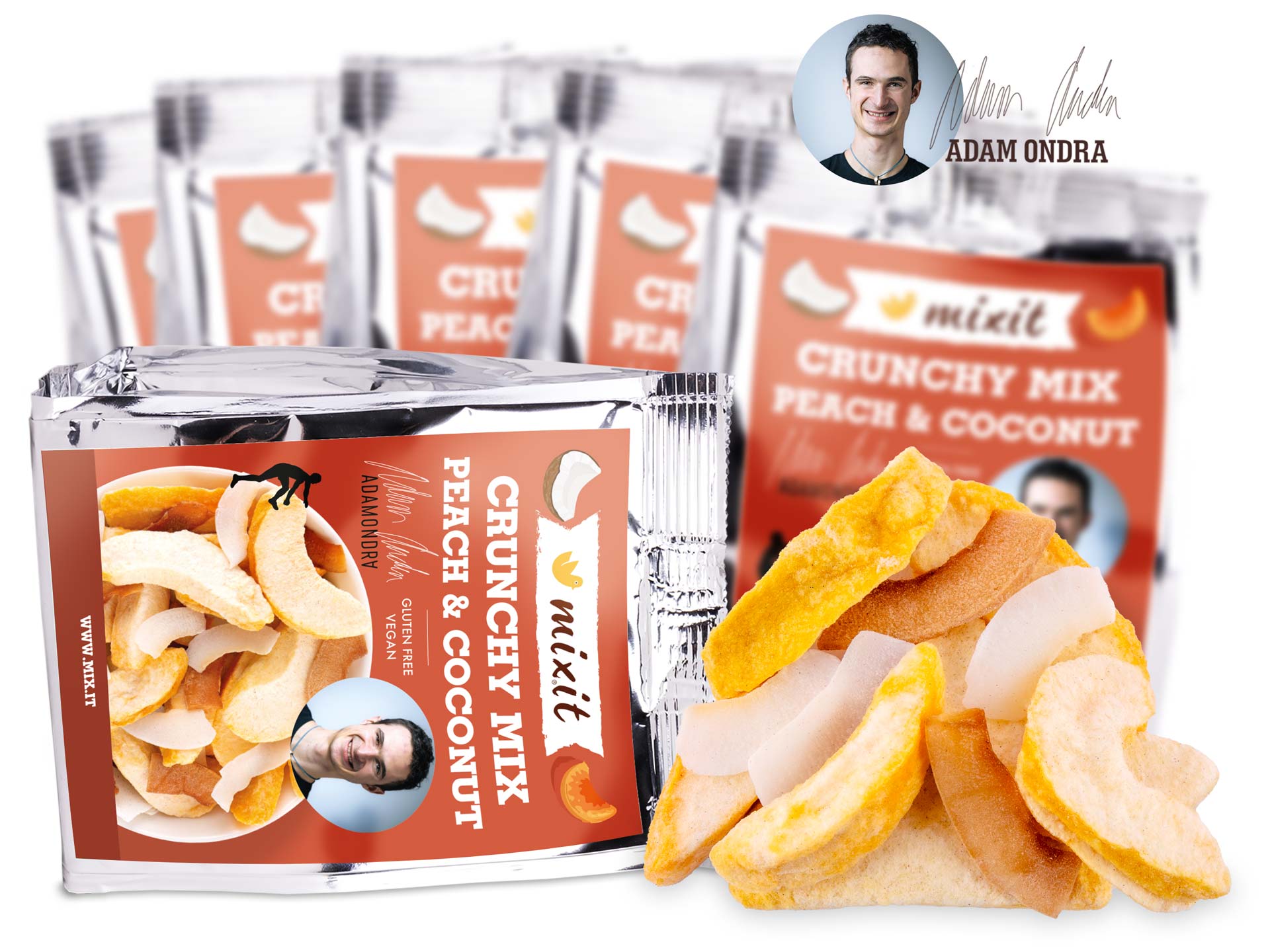 Mixit Chrumkavý mix Adama Ondru do vrecka - Broskyňa & kokosové chipsy 60g