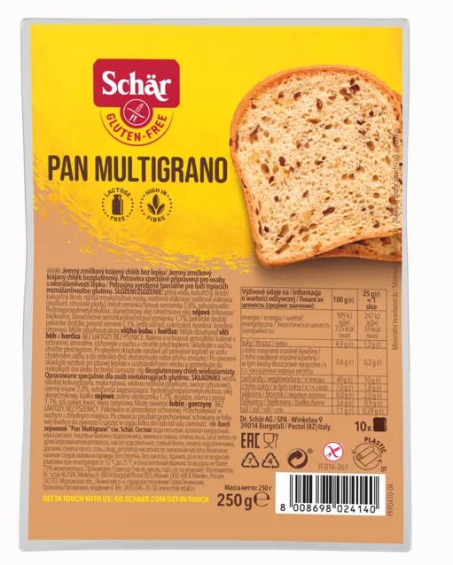 Schär Pan Multigrano jemný zrniečkový krájaný chlieb bezgluténový 250 g