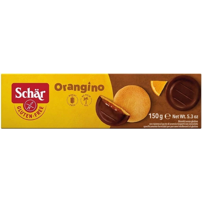 Schär Orangino jemné pečivo bezgluténové polomáčané v čokoláde s náplňou s príchuťou pomaranča 150 g