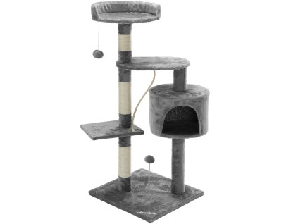 Odpočívadlo a škrabadlo pro kočky se 3 vyhlídkami, jeskyní, míčky a lanem, šedé, výška 112 cm