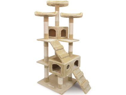 Odpočívadlo a škrabadlo pro kočky se 3 vyhlídkami, 2 domečky, béžové, výška 175 cm