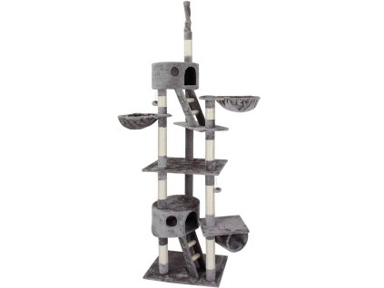 Odpočívadlo a škrabadlo pro kočky se 3 vyhlídkami, 2 domečky, tunelem, šedé, výška 240 - 260 cm