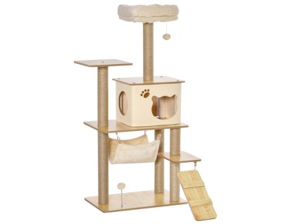 Odpočívadlo a škrabadlo pro kočky s jeskyní, hamakou a vyhlídkami, plyšově-žluté, výška 130 cm