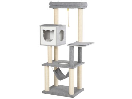Premiové odpočívadlo a škrabadlo pro kočky s jeskyní, hamakou a vyhlídkami, šedo-bílé, výška 155 cm