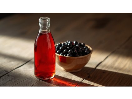 lahev rovná sirupová, plody rybízu v misce, červený sirup v lahvi, vše na stole