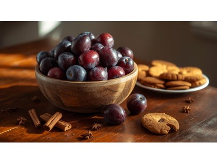 švestky v míse na stole, podzimní domácí atmosféra, kuchyňský stůl, skořice, hřebíček a miska perníků