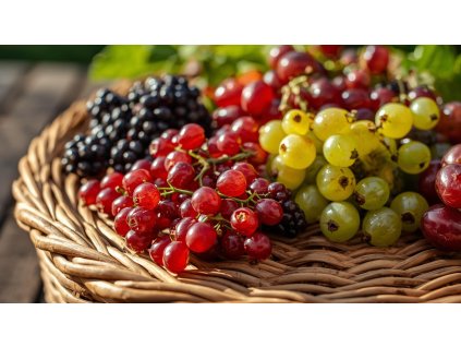 miska ovoce ostružiny, rybíz, angrešt na stole z ratanu a venku je hezky