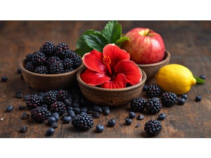 ostružiny, ibiškový květ na čaj, citron, jablko, vše na stole v miskách