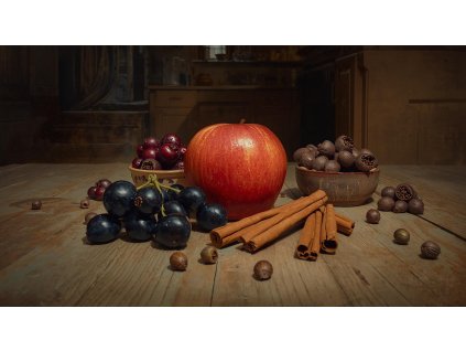 černá jeřabina, jablko skořice, na stole ve starší kuchyni v miskách