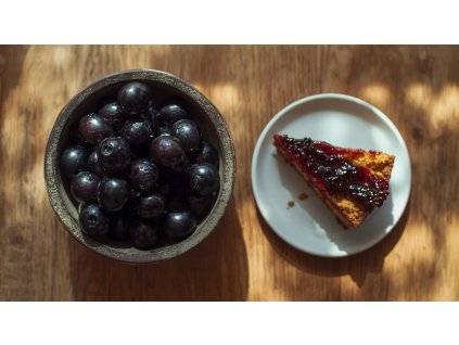 černá jeřabina v misce, vánočka namazaná džemem z arónie, talíř, stůl