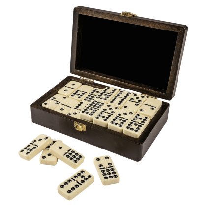 Domino, double 9, v krabičce s ořechovým vzhledem