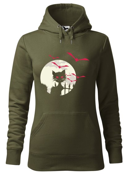 Dámská mikina s potiskem Kočka a netopýři (Barva mikiny dámské Černá, Velikost dámské mikiny 2XL)