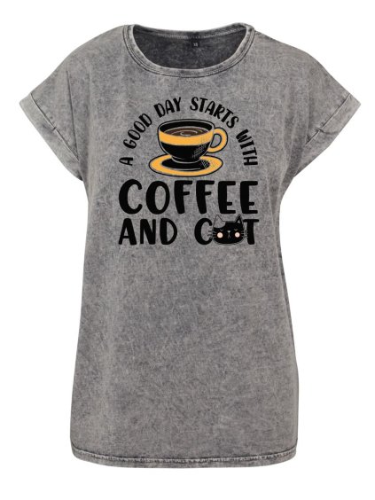 Dámské oversize tričko Coffee and cat (Barva trička Acid wash Tmavě šedá, Velikost trička XS)