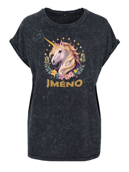 Dámské oversize tričko Jednorožec se jménem (Barva trička Acid wash Tmavě šedá, Velikost trička XS)