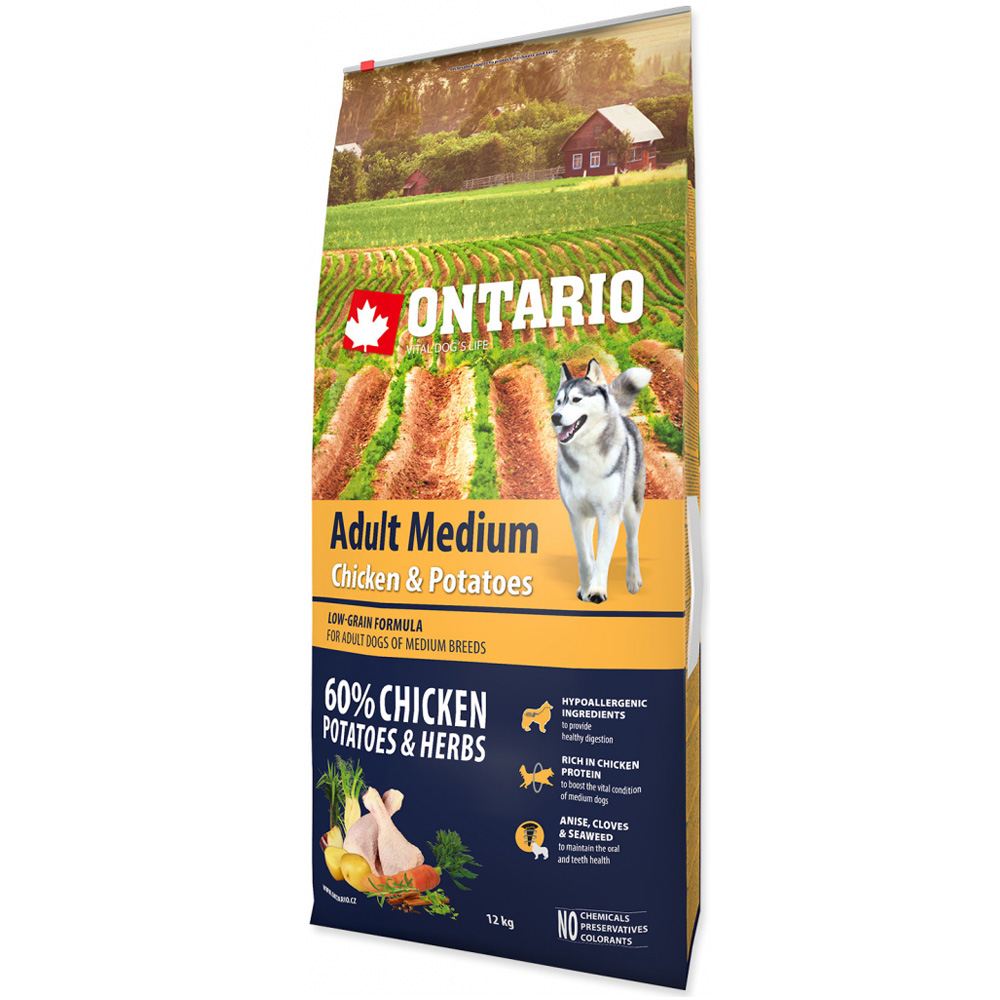 ONTARIO Dog Adult Medium Chicken & Potatoes & Herbs 12kg + 2,25kg ZADARMO