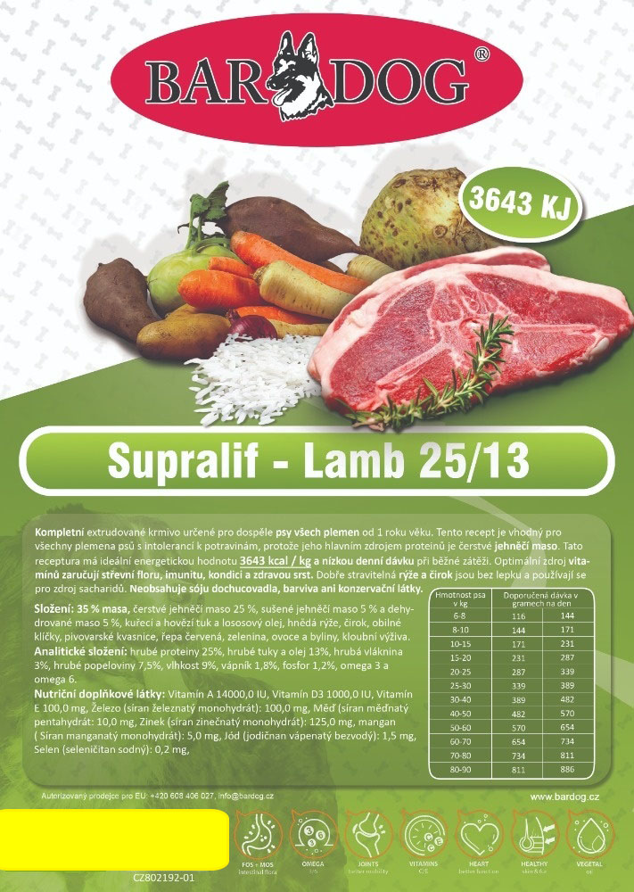Bardog Supralif granule pre psov Lamb 25/13  Humino-Vet IDG 100g ako darček k baleniu 30kg Hmotnosť balenia: 15 kg