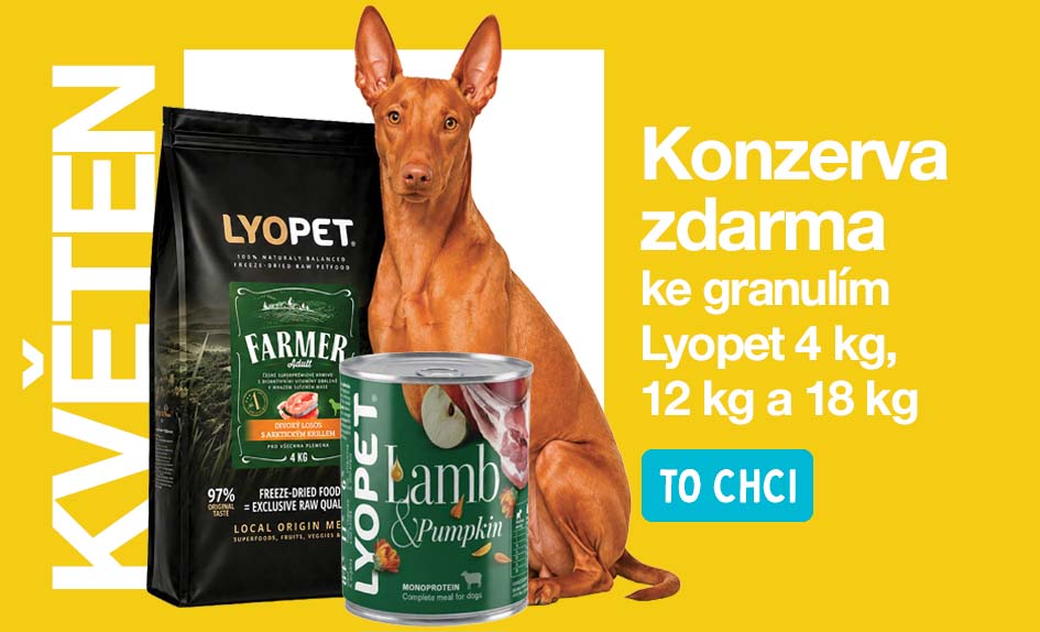 AKCE KVĚTEN: Ke každému 4kg a 12 kg balení granulí pro psy Lyopet obdržíš konzervu Lyopet Jehněčí 400 g zdarma
