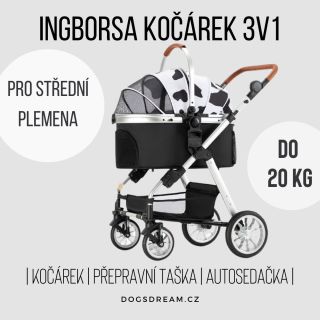 Černo-bílý kočárek s gumovými černými koly. ⭐ má lehce uzavíratelnou korbu bez zipu ⭐ dá se použít jako autosedačka,...