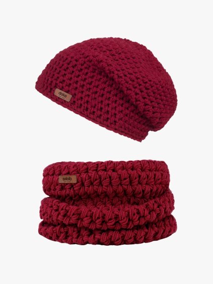 Set Merino háčkovaná čepice a háčkovaný nákrčník bordo