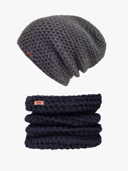 Set Merino háčkovaná čepice Anthracite a háčkovaný nákrčník black