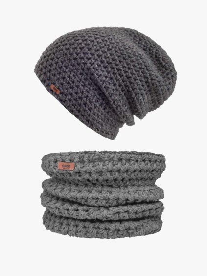 Set Merino háčkovaná čepice Anthracite a háčkovaný nákrčník medium grey