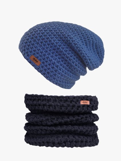 Set merino háčkovaná čepice Kobalt a nákrčník black