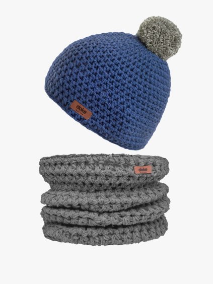 Set merino háčkovaný kulich kobalt a nákrčník medium grey