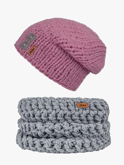 Dětský set pletená čepice lilac a nákrčník light (1)