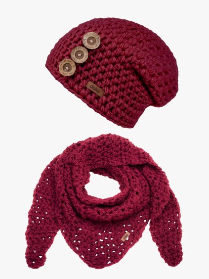 Set háčkovaná čepice B nature bordo