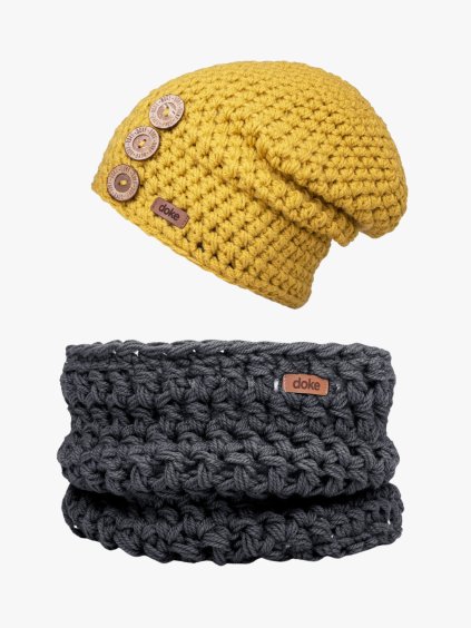 Dětský set háčkovaná čepice B nature gold a nákrčník dark (1)