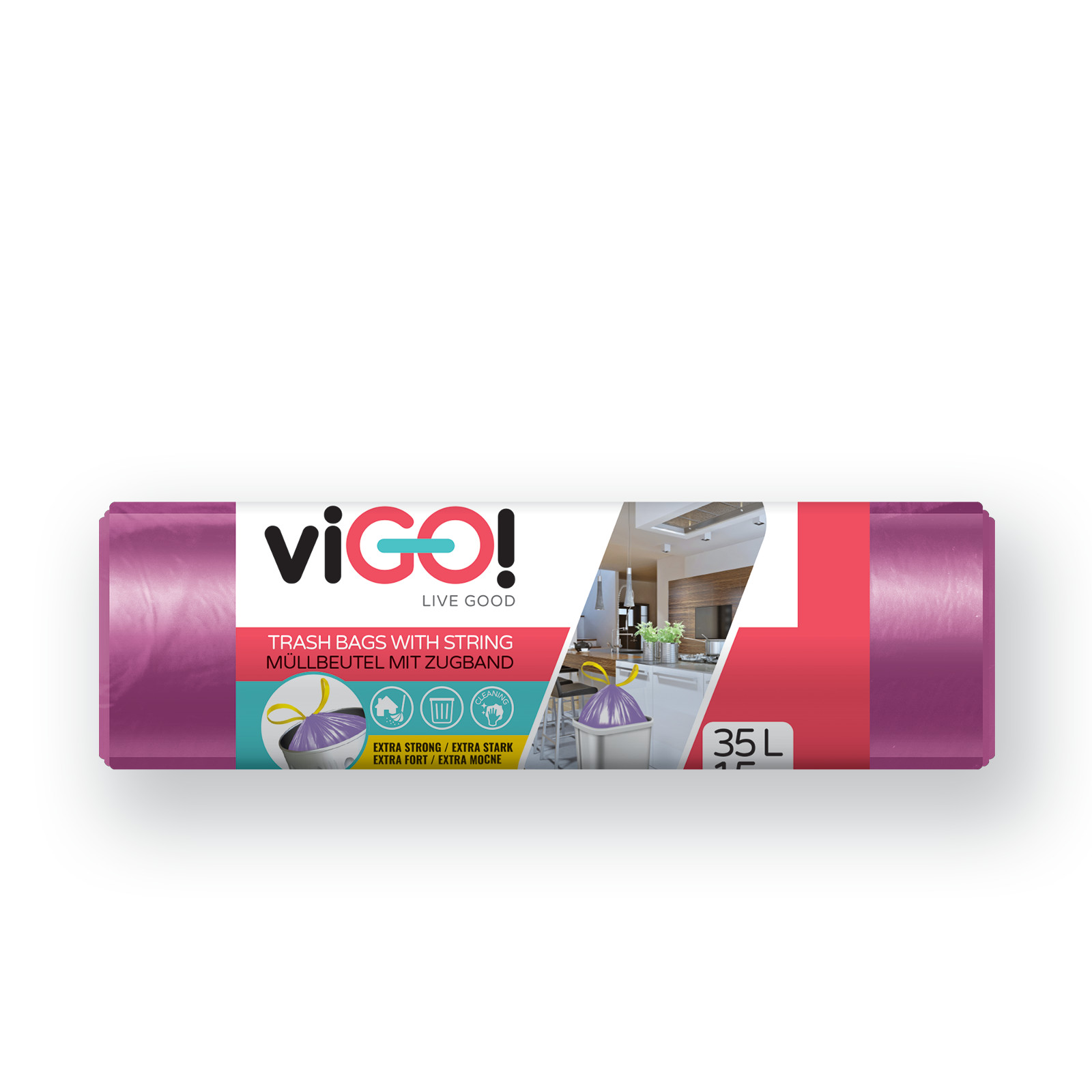 Levně Vigo pytle na odpadky zatahovací, 35 l, 50x58 cm, 25 mc, LDPE, fialové, 15 ks