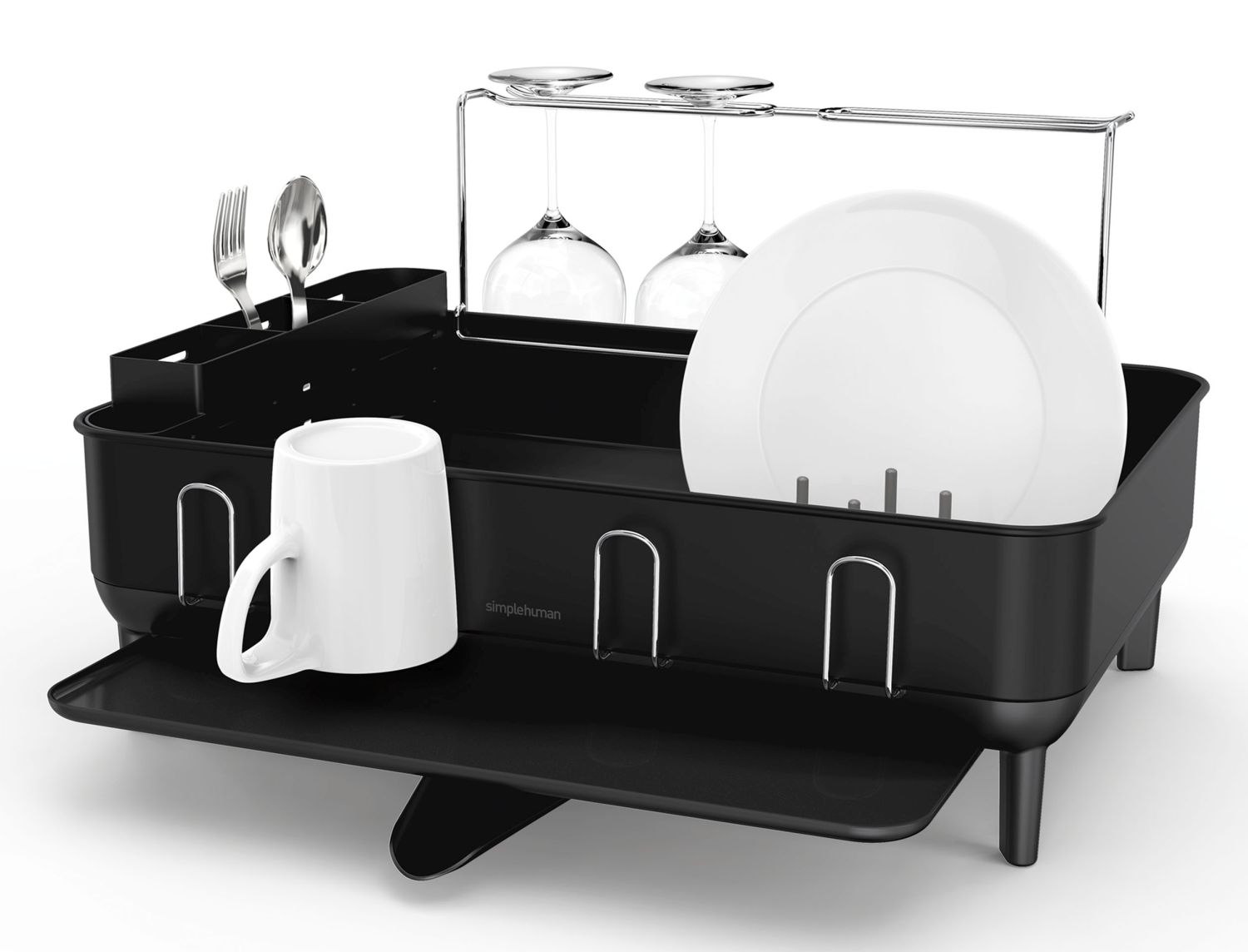 Levně Odkapávač na nádobí Simplehuman s držákem na skleničky, rám z matné černé oceli