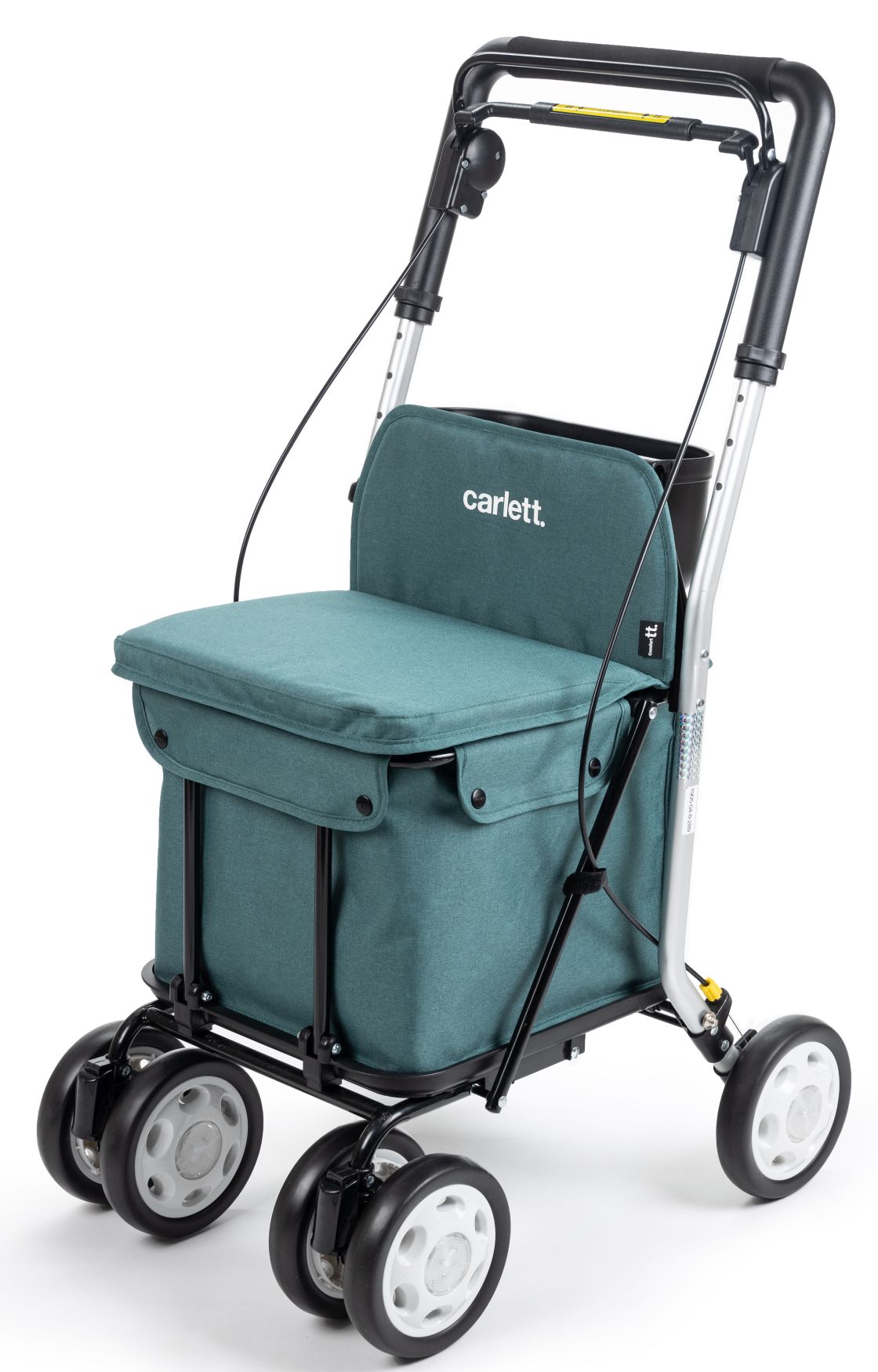 Levně Carlett Senior Comfort chodítko, taška na kolečkách, brzda, sedák, modrozelená, 29L
