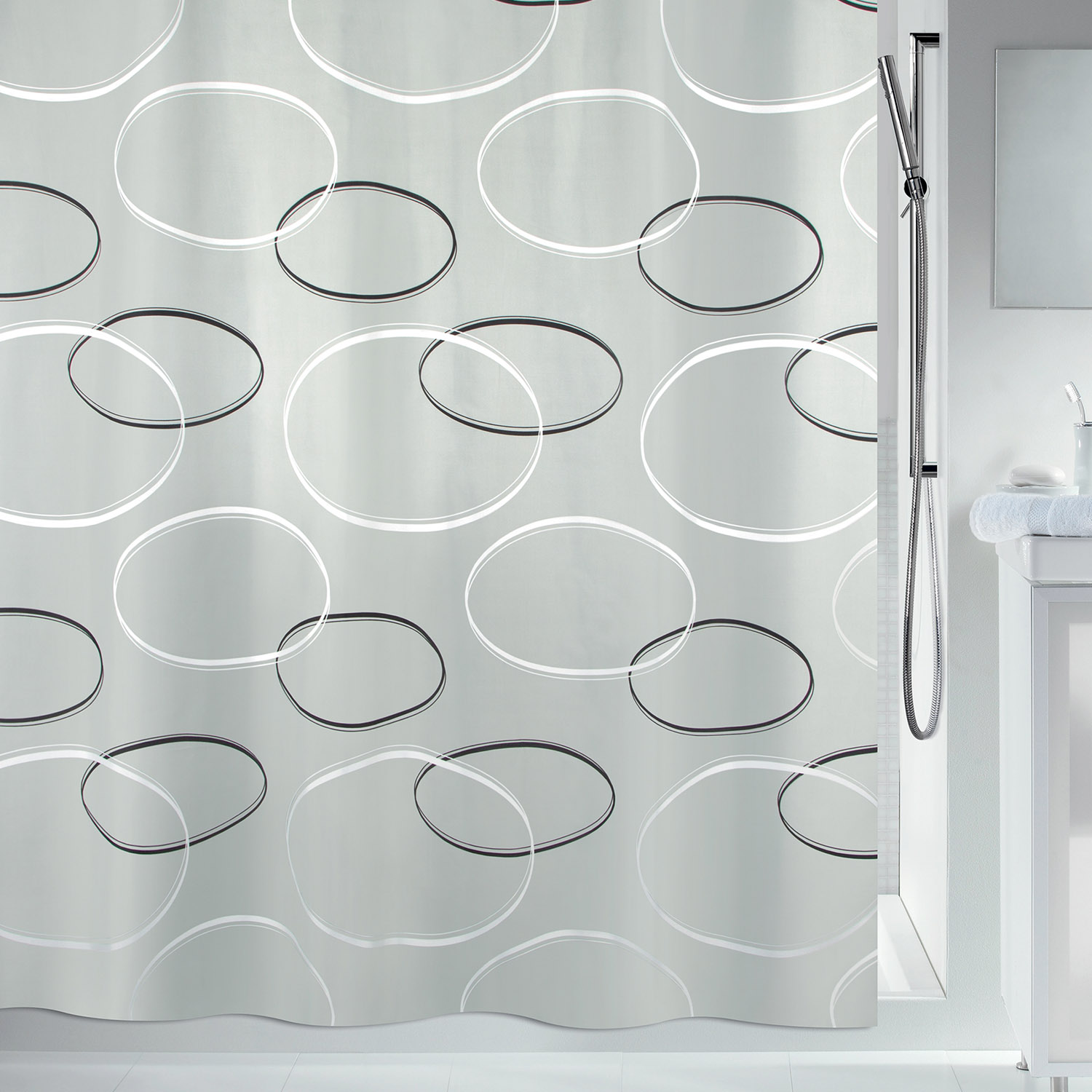 Spirella sprchový závěs ANELLO, motiv kruhy, šedý, 180 x 200 cm, polyester