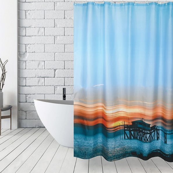 MSV sprchový závěs SUNSET, obrázkový motiv, modrý, 180 x 200 cm, polyester