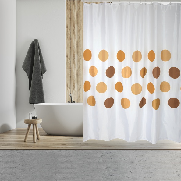 MSV sprchový závěs, motiv puntíky hnědé, bílý, 180 x 200 cm, polyester