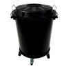 Černá nádoba na podvozku značky Denox s víkem a bezpečnostním uzavíráním, pevný plast