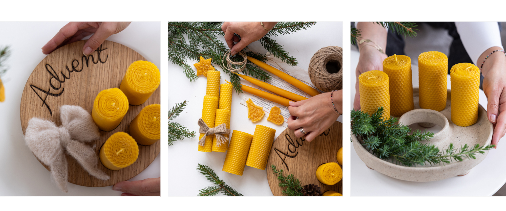 Tři fotky s adventním svícnem a svíčkami z včelího vosku