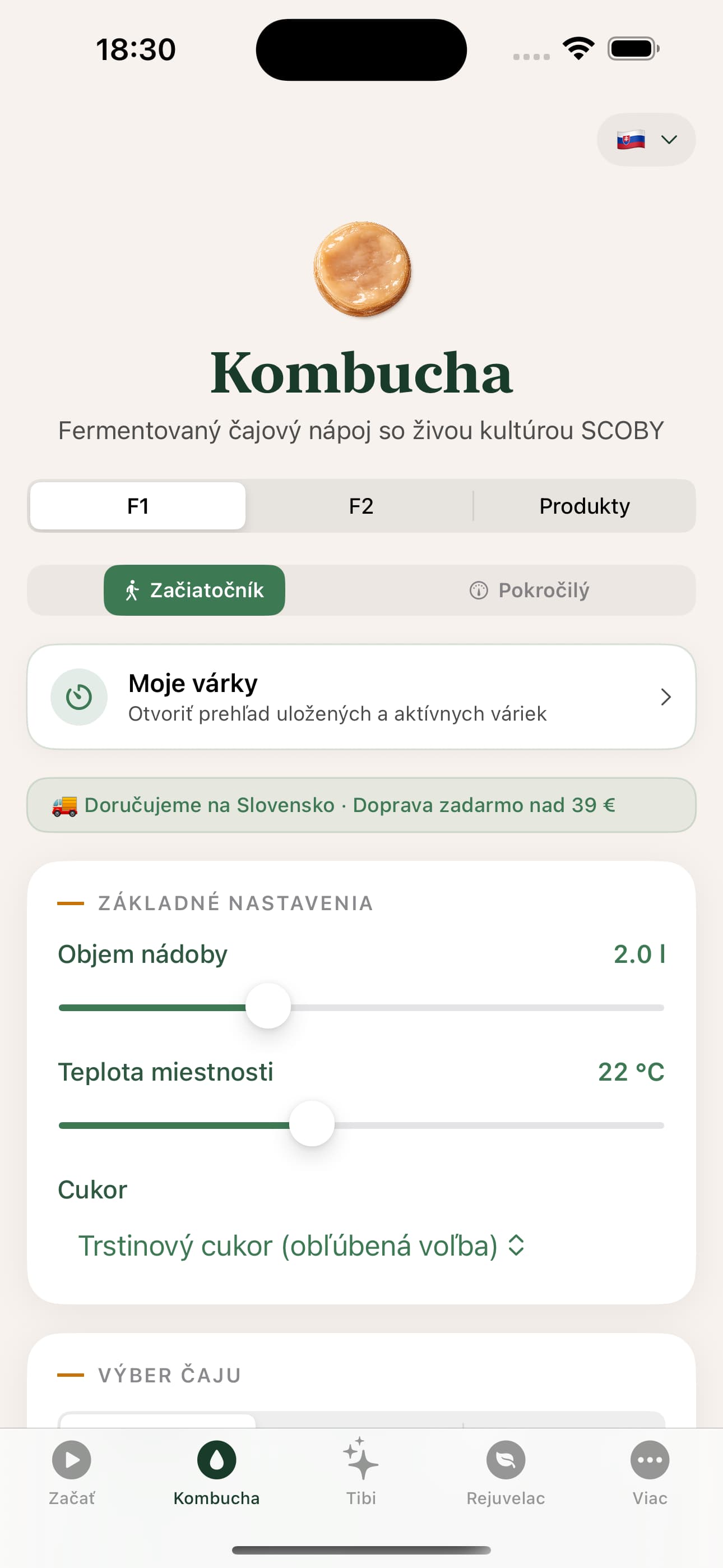 Kombucha FermentCalc – vypočítaný recept na vodný kefír
