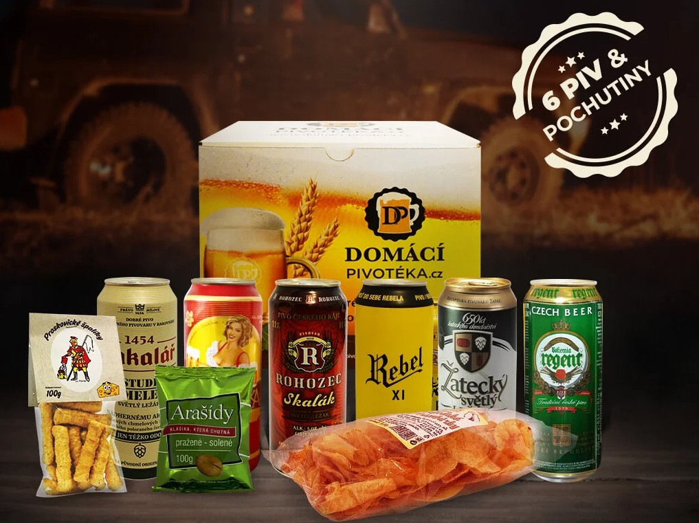 Dárková krabice se šesti plechovkovými pivy a pochutinami