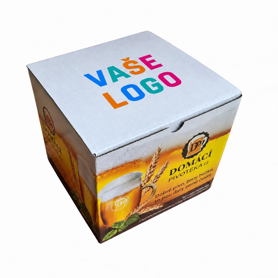 Bílé víko krabice pouze s barevným textem VAŠE LOGO uprostřed