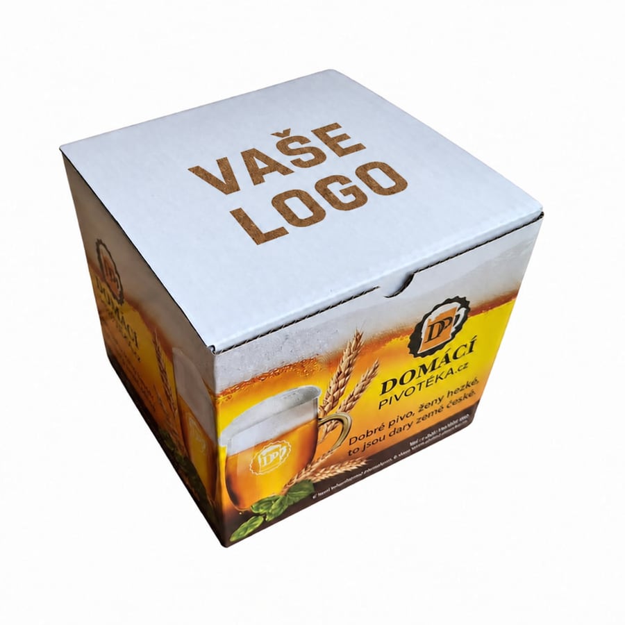 Bílé víko krabice s hnědým laserově gravírovaným textem VAŠE LOGO uprostřed