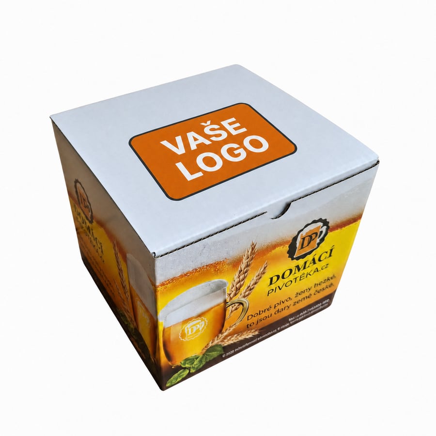 Krabice na šest plechovkových piv s barevnou samolepkou Vaše logo
